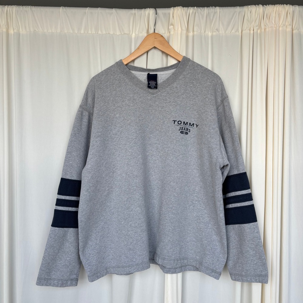 90s Vintage Tommy Jeans Sweatshirt XL Gray Varsity Stripe Street Retro Skater
